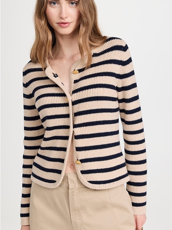 Rag & Bone Beige And Navy Striped Ribbed Cardigan